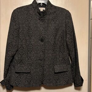 Coldwater Creek Stylish Women’s Mandarin Collar Grey and Black Jacquard Jacket.